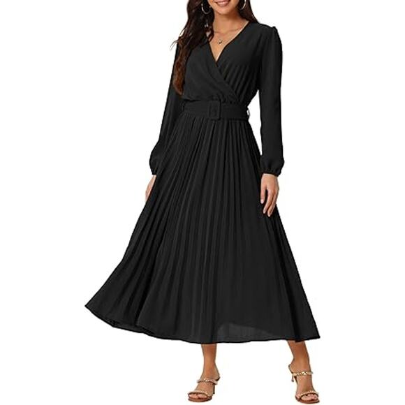 Seta T Women's 2024 Casual Long Sleeve Wrap V Neck Flowy Pleated Midi Dress